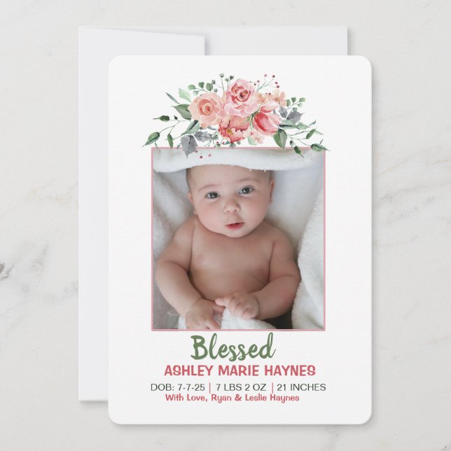 Watercolor Flowers Girls Photo Baby Announcement (Front)