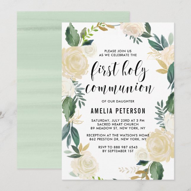 Watercolor Flowers Glitter First Holy Communion Invitation (Front/Back)