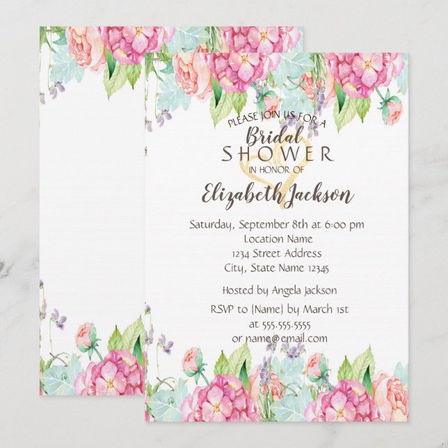 Watercolor Flowers Glitter Heart  Bridal Shower Invitation (Front/Back)