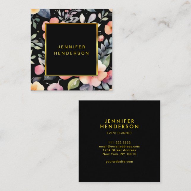 Watercolor flowers gold black professional square business card (Front/Back)
