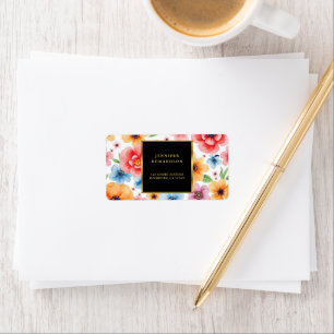Watercolor flowers gold black return address label