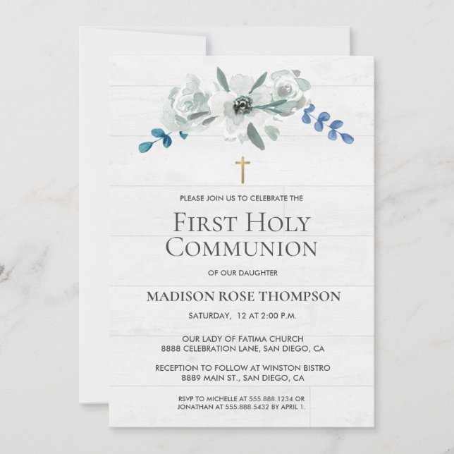 Watercolor Flowers Gold Cross 1st Holy Communion (Front)