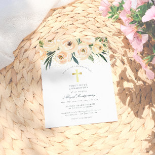 Watercolor Flowers Gold Cross First Holy Communion Invitation Postcard