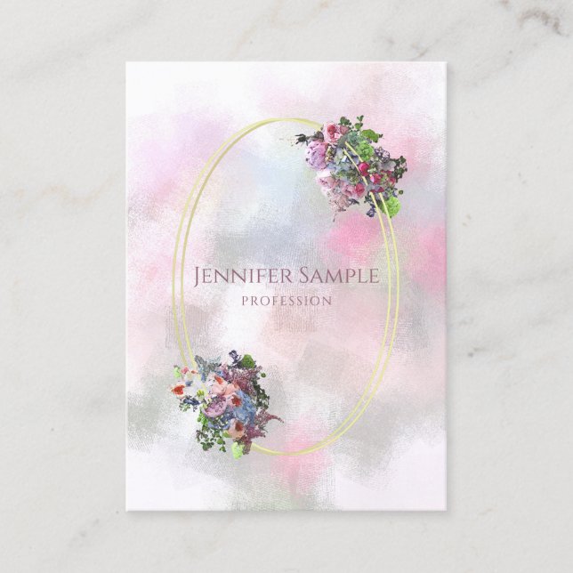 Watercolor Flowers Gold Frame Professional Trendy Business Card (Front)