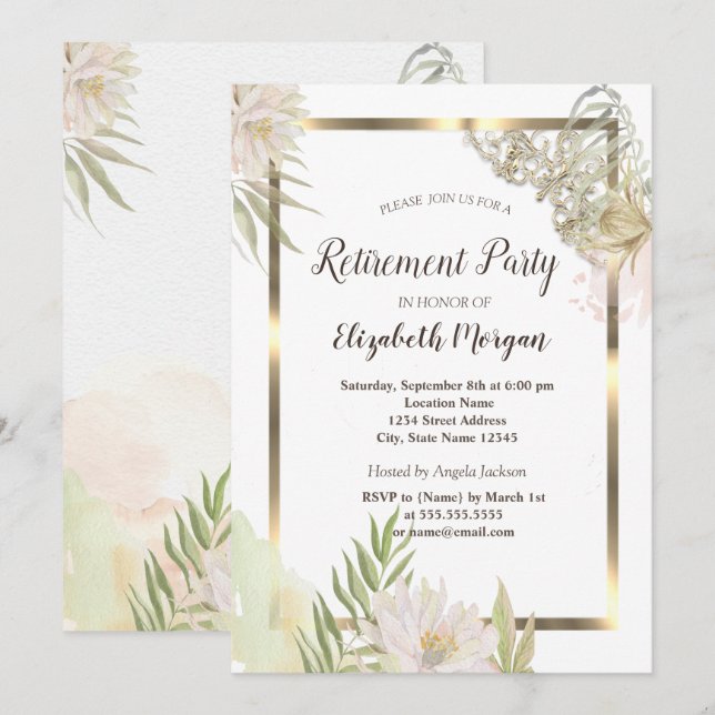 Watercolor Flowers Gold Frame Retirement  Invitation (Front/Back)