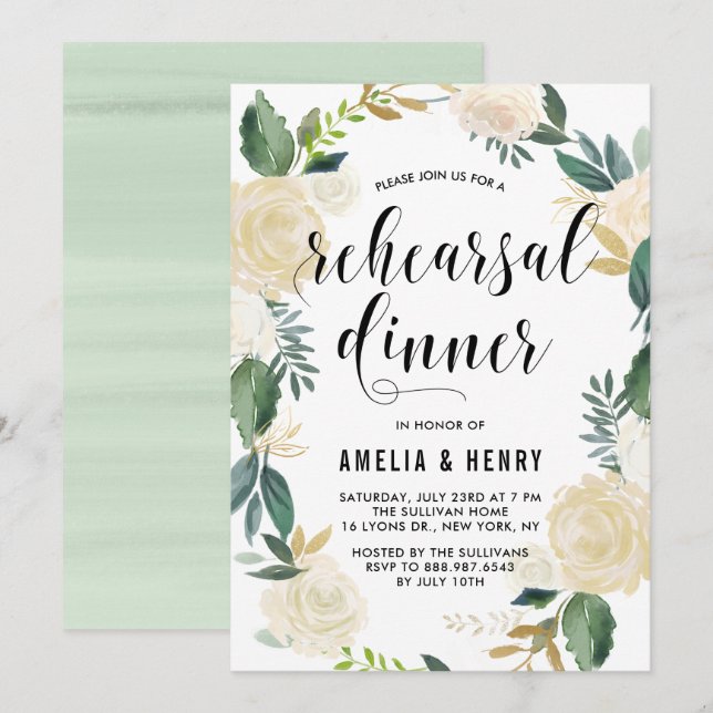 Watercolor Flowers Gold Glitter Rehearsal Dinner Invitation (Front/Back)