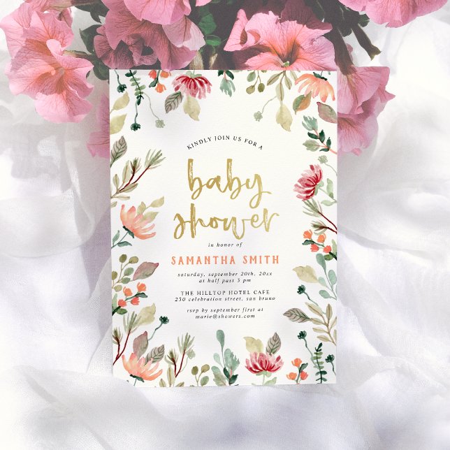 Watercolor Flowers & Gold Lettering Baby Shower Invitation (Creator Uploaded)