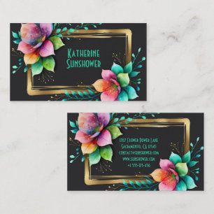 Watercolor Flowers - Golden Frame 34 + your text Business Card