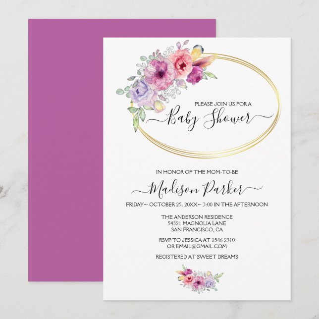 Watercolor Flowers Golden Frame Invitation (Front/Back)