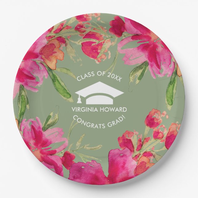 Watercolor Flowers Graduation Party Green Paper Plate (Front)