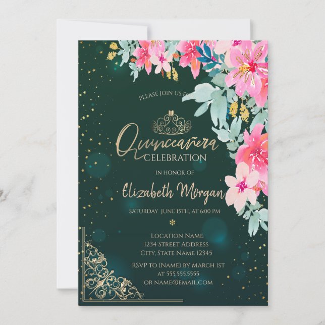 Watercolor Flowers Green Gold Tiara,Quinceañera Invitation (Front)