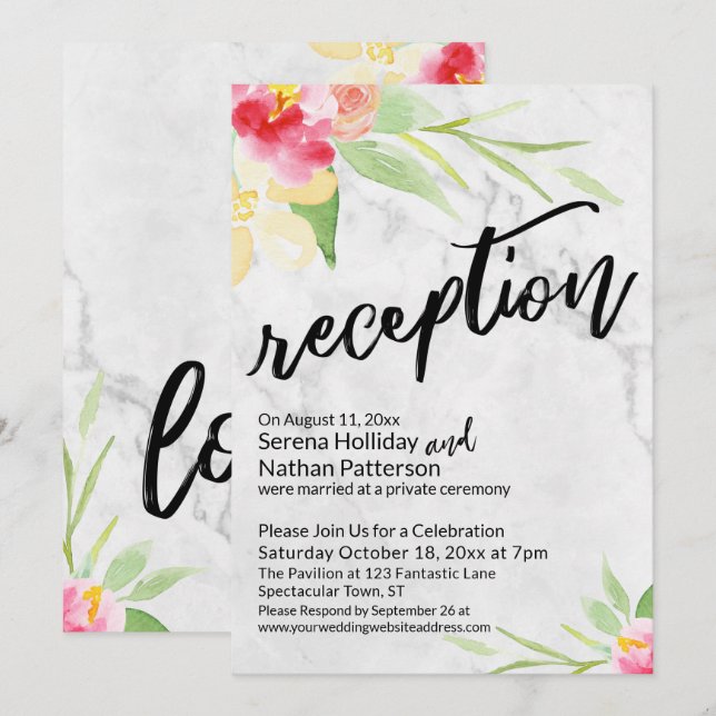 Watercolor Flowers & Grey Marble Reception Invitation (Front/Back)