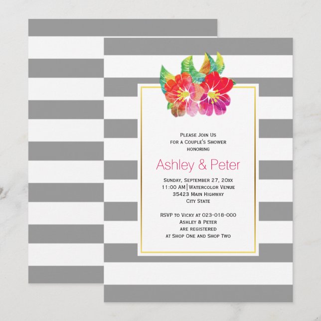 Watercolor flowers grey wedding couples shower invitation (Front/Back)