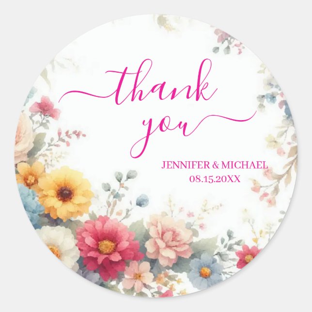 Watercolor Flowers Handwritten Script Thank You Classic Round Sticker (Front)