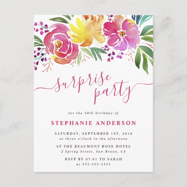 Watercolor Flowers Handwritten Surprise Party Invitation Postcard (Front)