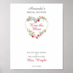Watercolor Flowers Heart with Leaves in Pink & Red Poster