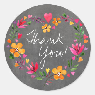Watercolor Flowers Heart Wreath | chalkboard grey Classic Round Sticker