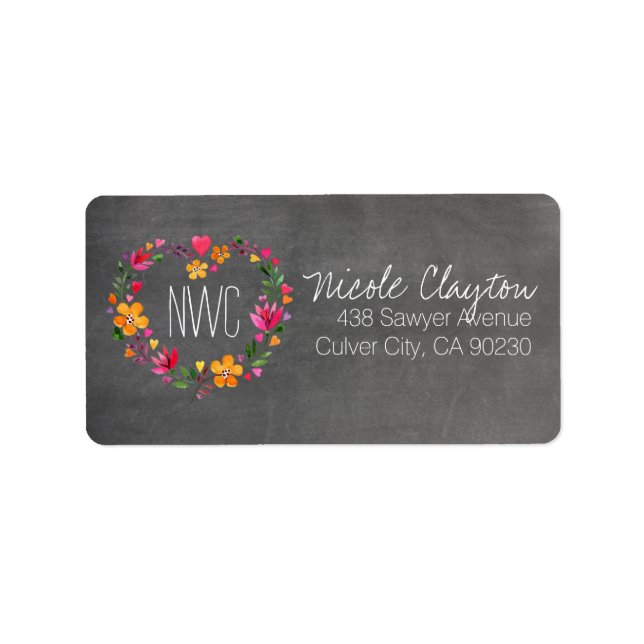 Watercolor Flowers Heart Wreath | chalkboard grey Label (Front)