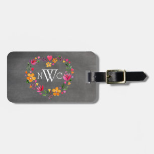 Watercolor Flowers Heart Wreath   chalkboard grey Luggage Tag
