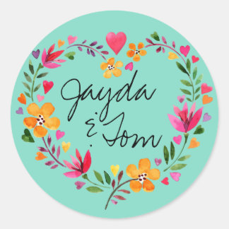 Watercolor Flowers Heart Wreath | CHANGE THE COLOR Classic Round Sticker