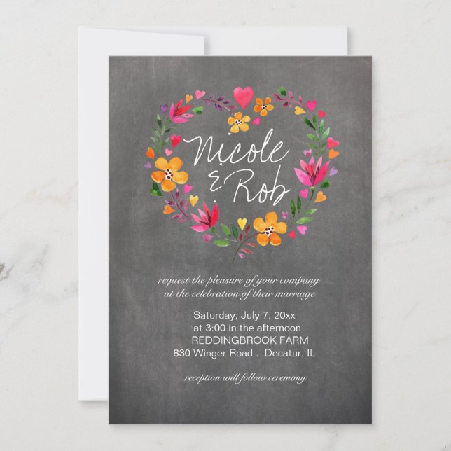 Watercolor Flowers Heart Wreath Wedding | grey Invitation (Front)