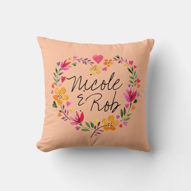 Watercolor Flowers Heart Wreath Wedding | peach Cushion (Front)