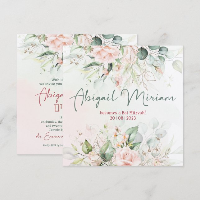 Watercolor Flowers Hebrew Bat Mitzvah Invitation (Front/Back)