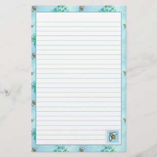 Watercolor Flowers Honey Bee Blue Lined Stationery