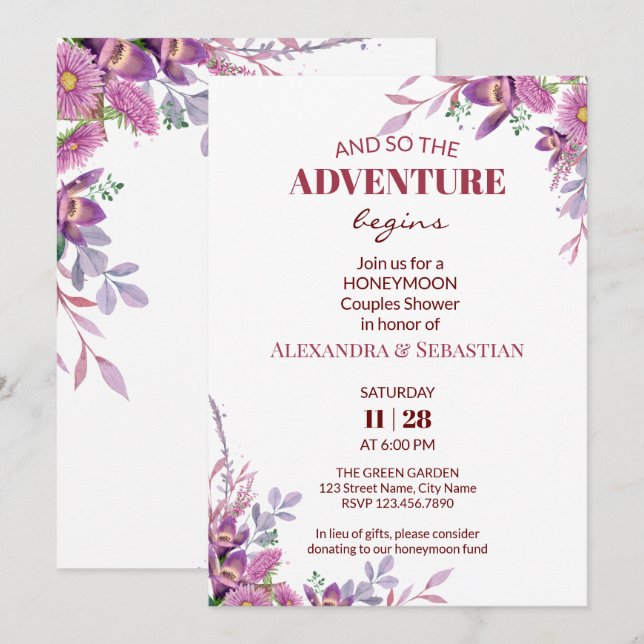Watercolor Flowers Honeymoon Shower Invitation (Front/Back)