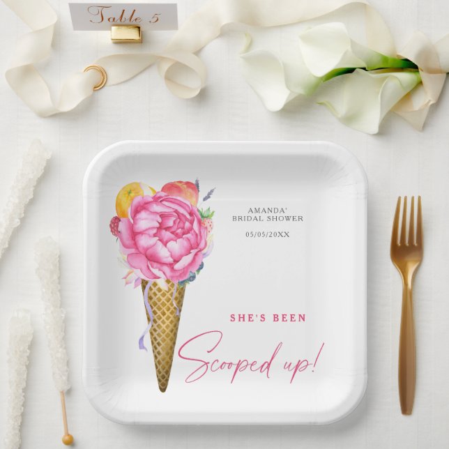 Watercolor FLOWERS ICE CREAM - bridal shower Paper Plate (Wedding)