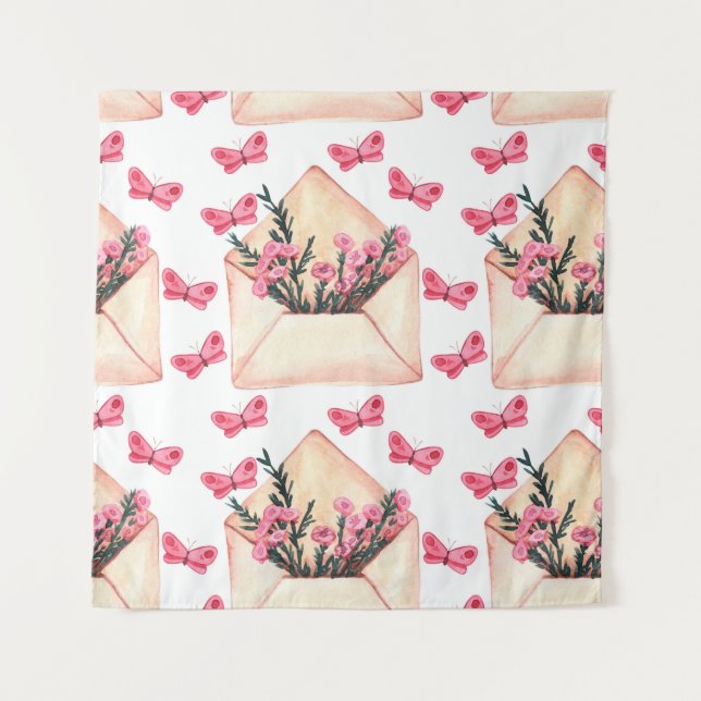 Watercolor flowers in envelopes: seamless pattern tapestry (Front)