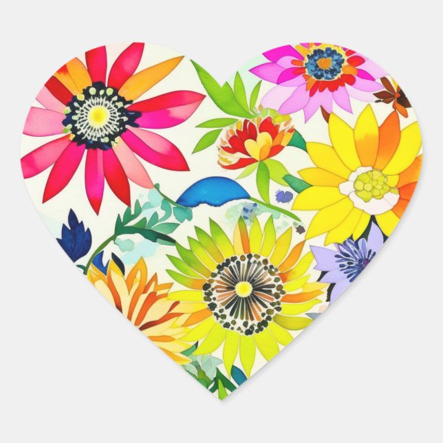 Watercolor Flowers in Pink and Yellow Heart Sticker (Front)