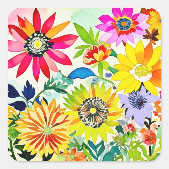 Watercolor Flowers in Pink and Yellow Square Sticker (Front)