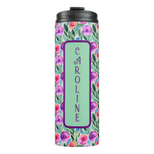 Watercolor Flowers in Purple, Pink and Green Thermal Tumbler
