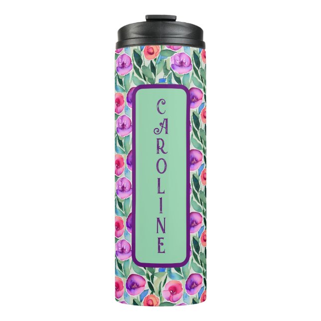 Watercolor Flowers in Purple, Pink and Green Thermal Tumbler (Front)