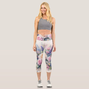 Watercolor flowers in soft pastel colours  capri leggings