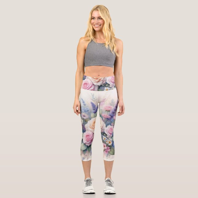 Watercolor flowers in soft pastel colours  capri leggings (Front)