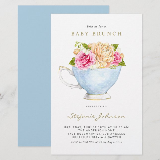 Watercolor Flowers in Teacup Baby Brunch Invite (Front/Back)