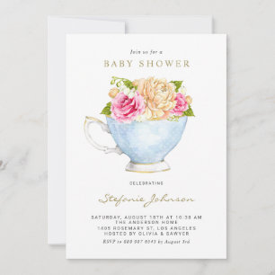 Watercolor Flowers in Teacup Baby Shower Invitation