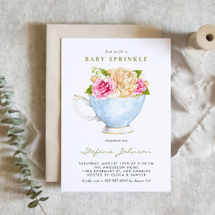 Watercolor Flowers in Teacup Baby Sprinkle Invitation