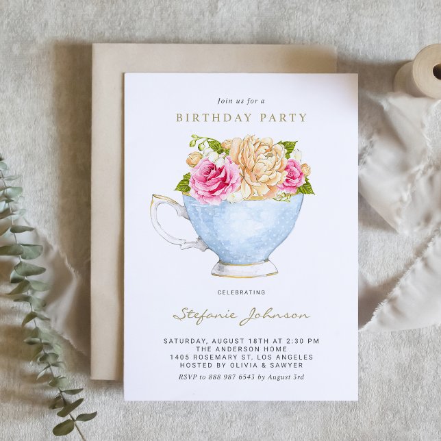 Watercolor Flowers in Teacup Birthday Party Invitation (Creator Uploaded)