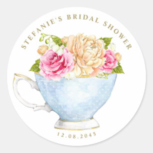Watercolor Flowers in Teacup Bridal Shower Classic Round Sticker
