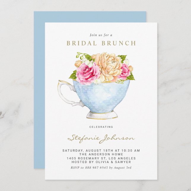 Watercolor Flowers in Teacup Bridal Shower Invitation (Front/Back)