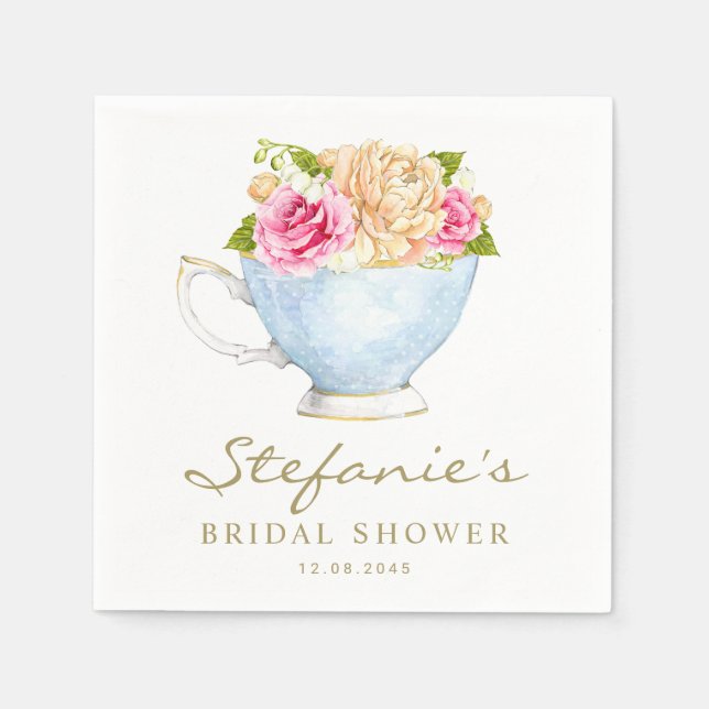 Watercolor Flowers in Teacup Bridal Shower Napkin (Front)