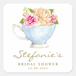 Watercolor Flowers in Teacup Bridal Shower Square Sticker