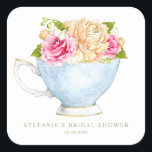 Watercolor Flowers in Teacup Bridal Shower Square Sticker<br><div class="desc">Add a charming, vintage-inspired touch to your bridal shower favours, invitations, or décor with this custom bridal shower sticker featuring a delicate watercolor rose bouquet in a classic teacup. This floral bridal shower sticker is perfect for tea party themes, garden gatherings, or any romantic celebration. This customisable bridal shower sticker...</div>