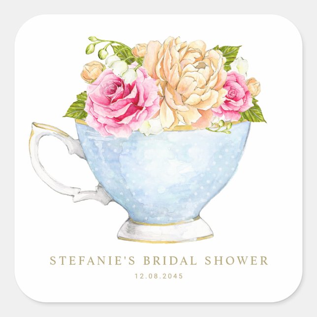 Watercolor Flowers in Teacup Bridal Shower Square Sticker (Front)