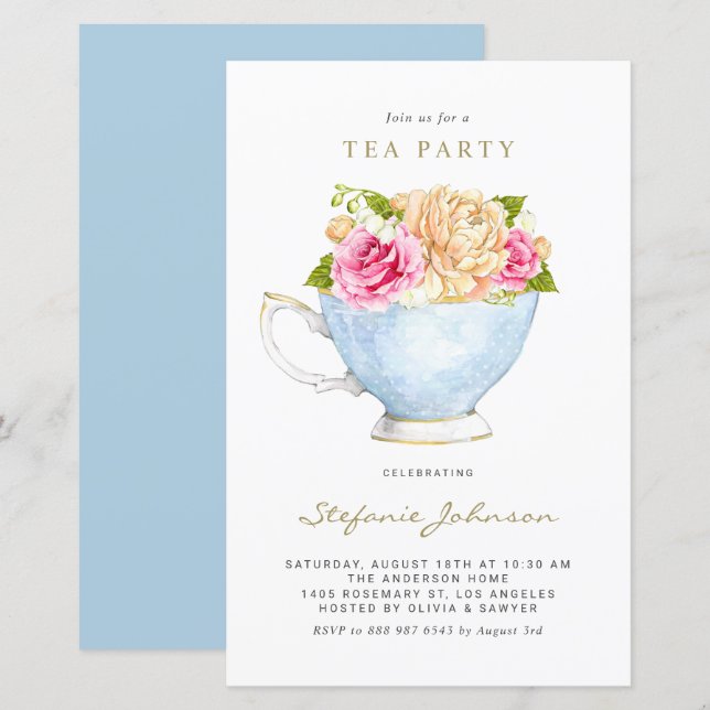 Watercolor Flowers in Teacup Tea Party Invitation (Front/Back)