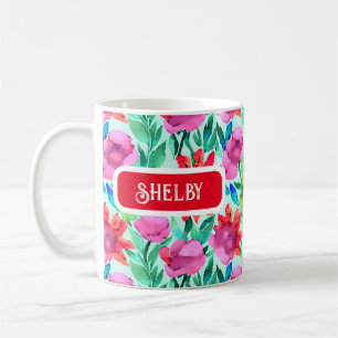Watercolor Flowers in Teal, Red and Pink Coffee Mug