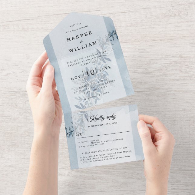 Watercolor flowers indigo blue wedding all in one invitation (Tearaway)